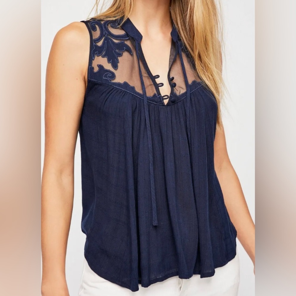 Women's Free People Western Romance Mesh Lace Tank Top in Navy Blue. Size XS